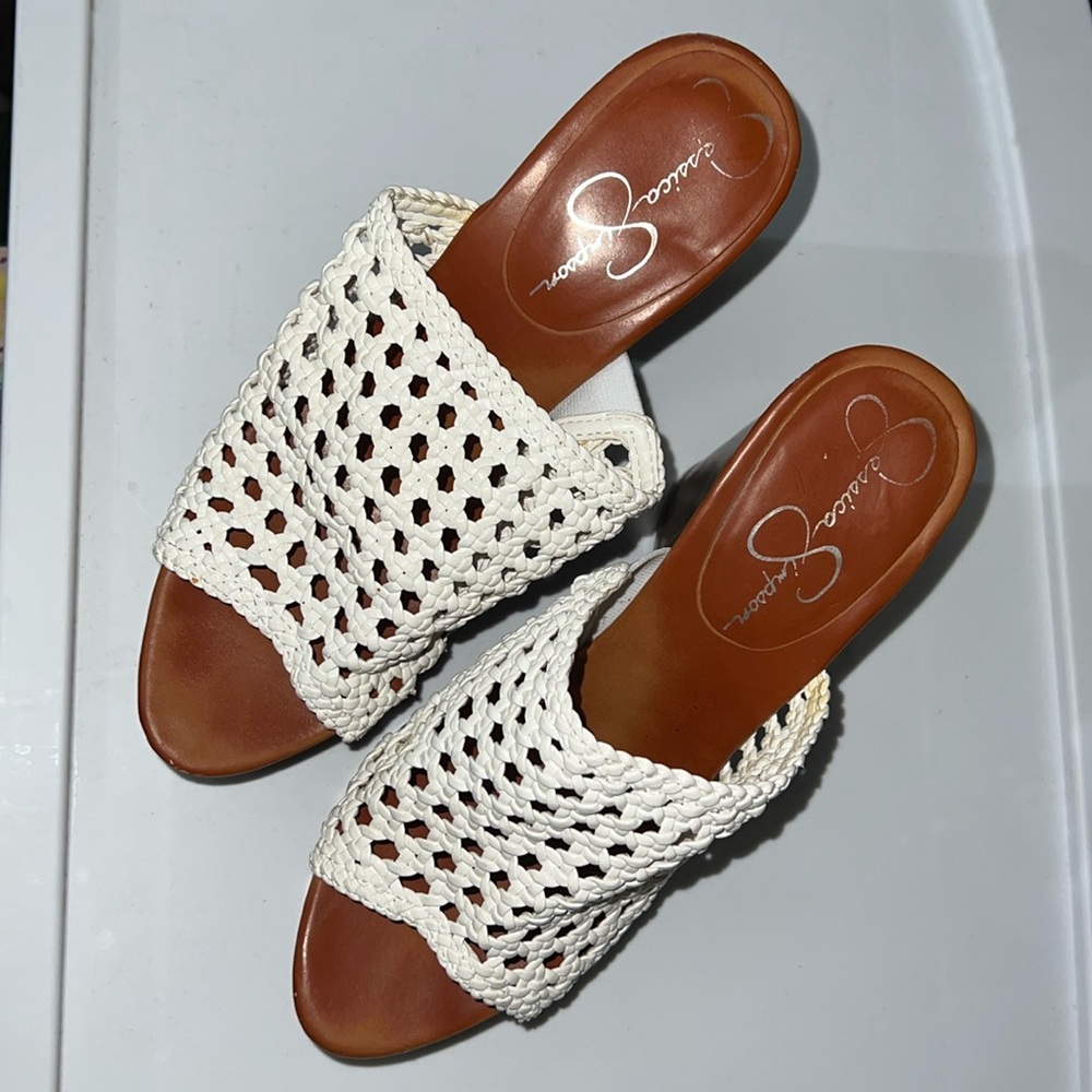 Here are some Jessica Simpson heels size 7.5, white and brown.